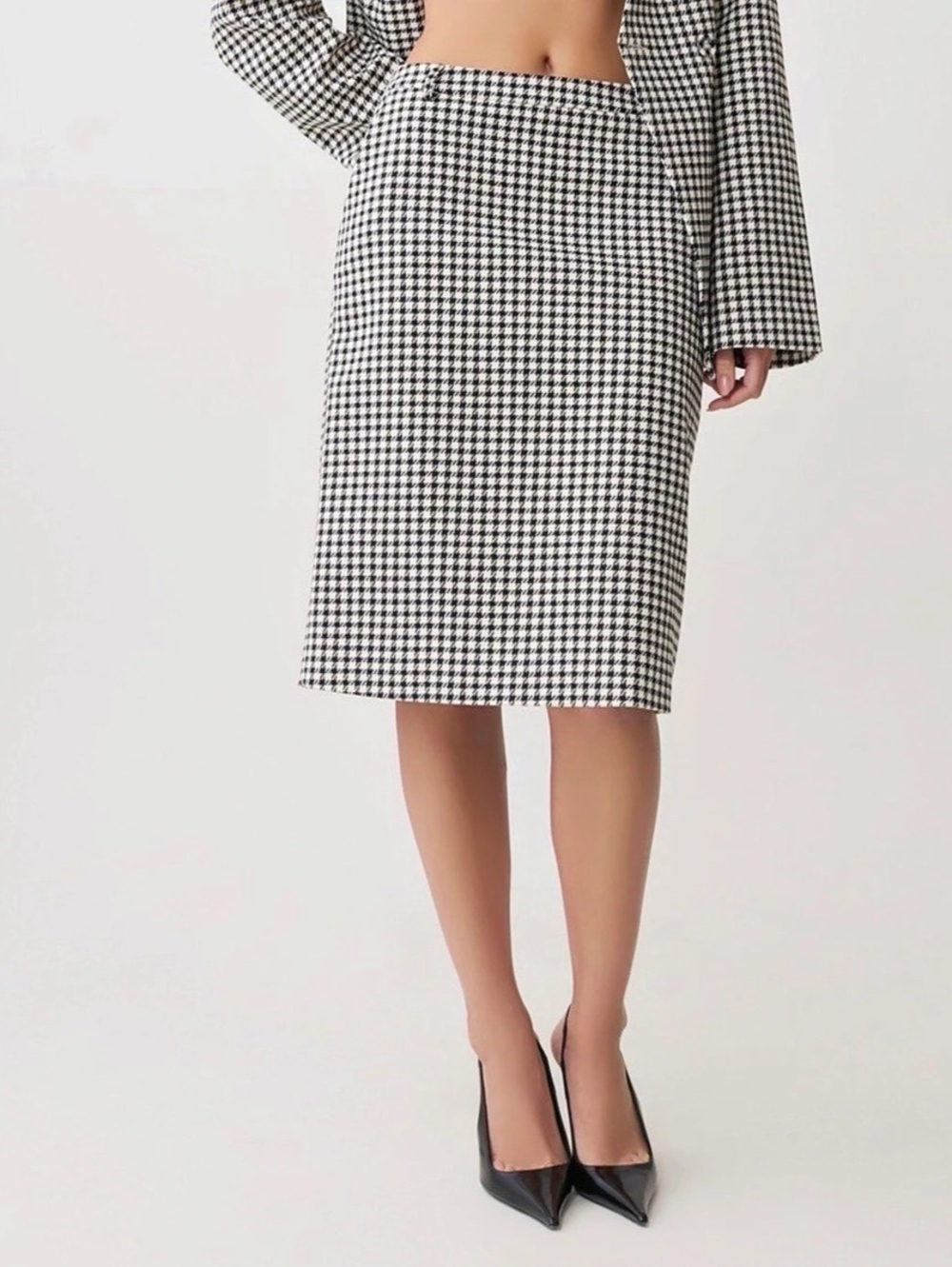 MESHKI Amelie Tweed Houndstooth Midi Skirt Black White Size XS New
